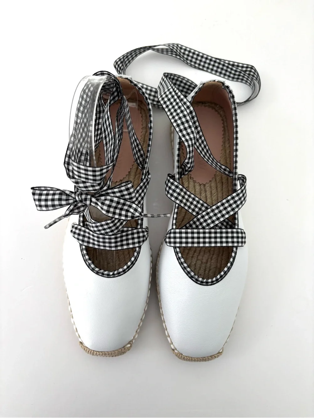J.Crew Sophie Lace-Up Espadrilles NWT White Gingham Adjustable Ribbon Size 8